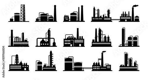 Collection of Industrial Factory Silhouettes on White Background.