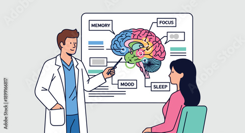 Neuroscientist Explaining Brain Anatomy and Cognitive Functions to Female Patient in Clinical Setting, Minimalist Flat Vector Illustration for Health Education