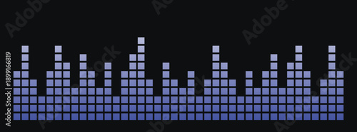 Digital audio equalizer bars in blue on a black background. Rectangular sound level display represents music, rhythm, and technology. Modern graphic for audio, DJ, and media concepts.