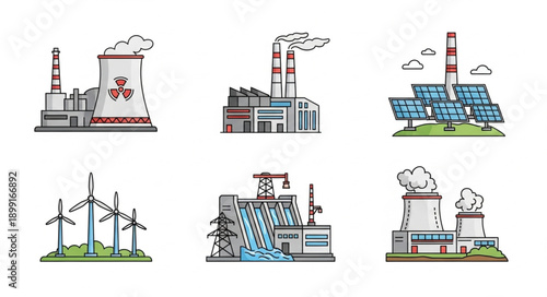 Set of industrial power plants and renewable energy sources.