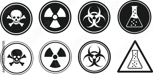 Collection of Flat Vector Icons for Laboratory Hazards Including Skull and Crossbones, Radiation, Biohazard, and Chemical Warning Symbols in CAD Style