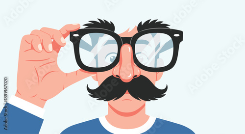 Man Wearing Funny Novelty Glasses with Fake Nose and Large Black Mustache for Party Disguise, Close-up Minimalist Flat Vector Character Illustration