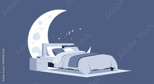 Empty Bedroom at Night with Large Crescent Moon and Stars Visible through Window, Minimalist Flat Vector Illustration for Sleep and Dream Themes