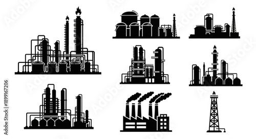 Collection of Industrial Factory Silhouettes for Manufacturing and Energy Production.