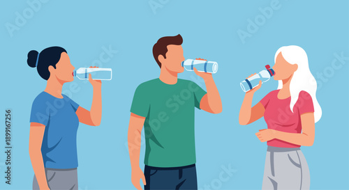 Three Young Adults Drinking Refreshing Water from Bottles against Clear Blue Background, Flat Vector Illustration for Healthy Hydration Campaign