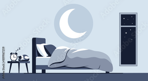 Sleeping Cat Resting on Bed in Moonlit Room at Night with Alarm Clock on Table, Minimalist Flat Vector Illustration for Rest and Comfort Concept