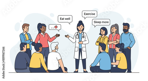 Female Doctor Giving Health Advice to a Diverse Group of People in a Seminar, Minimalist Flat Vector Illustration for Wellness Education Programs
