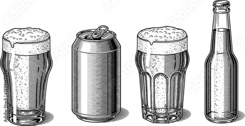 Hand drawn vintage style line art illustration of beer glasses with foam an open aluminum soda can and a bottle
