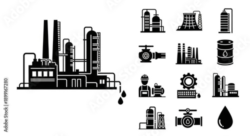 Industrial factory and icons set vector illustration.