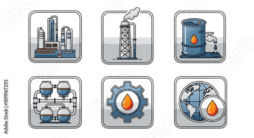 Industrial Icons Representing Oil and Gas Industry Processes.