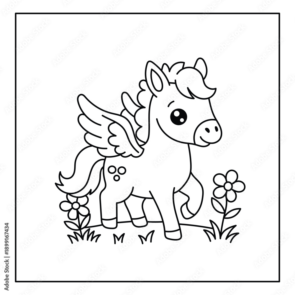 Fototapeta premium Cute Pegasus Pony with Wings Line Art Illustration