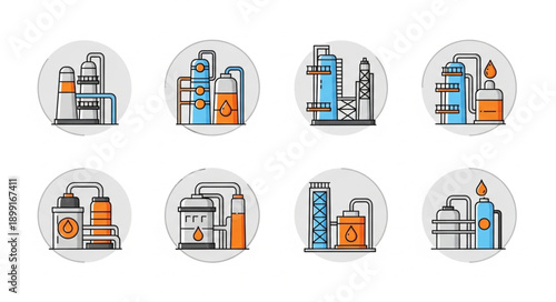 Set of Industrial Oil Refinery Icons with Equipment and Tanks.
