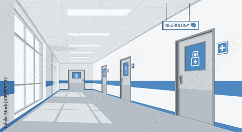 Modern Hospital Corridor with Neurology Department Sign and Clinical Icons on Doors, Minimalist Flat Vector Illustration for Healthcare Interior Design