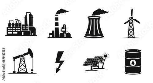 Collection of industrial and energy production icons.