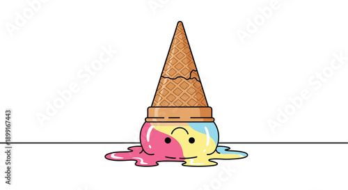Upside Down Melted Ice Cream Cone with a Cute Smiley Face on a Pink Scoop, Minimalist Flat Vector Illustration for Summer and Humor Concepts