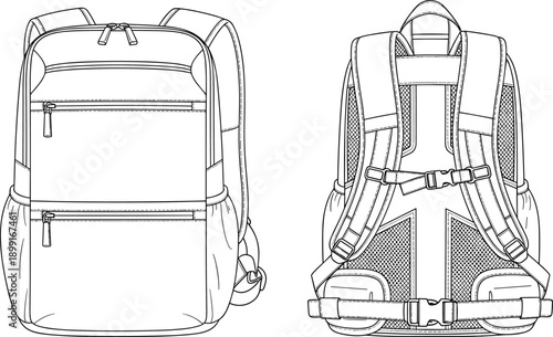 Technical backpack flat vector illustration with front and back views including adjustable straps pockets and zippers for product design mockups