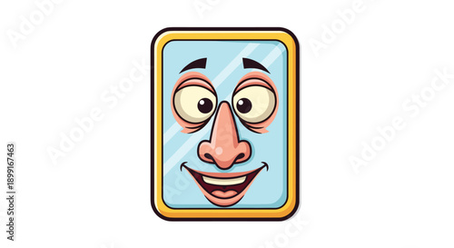 Funny Face with Big Eyes and Wide Grin Reflected in a Gold Framed Mirror, Minimalist Flat Vector Illustration for Self-Reflection and Humor Themes