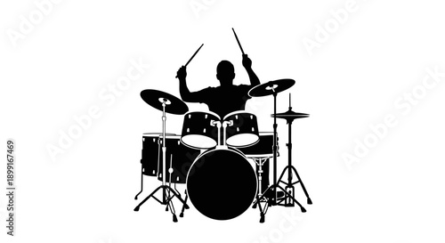Silhouette of a drummer playing a drum kit, black and white illustration of a musician performing live music.
