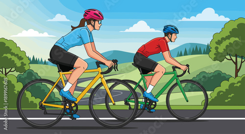 Two Cyclists Riding Bicycles on a Winding Road through a Mountain Valley at Sunset, Minimalist Flat Vector Illustration for Sports Adventure Concepts
