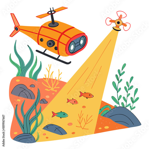 Underwater exploration with helicopter and drone