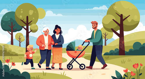 Family with Baby Stroller and Young Child Walking through a Lush Green Park, Minimalist Flat Vector Illustration for Parenthood and Outdoor Activity