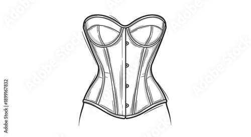 Detailed line drawing of a classic, vintage corset, showing the intricate design and construction.