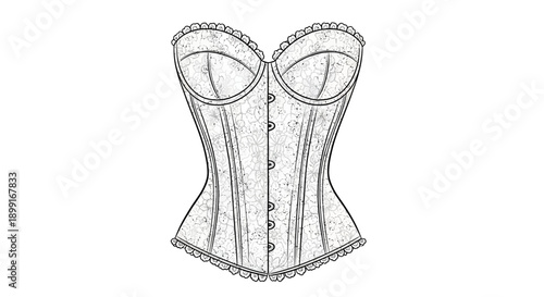 Vintage corset illustration featuring intricate design and ornate details on a plain background from a front viewpoint