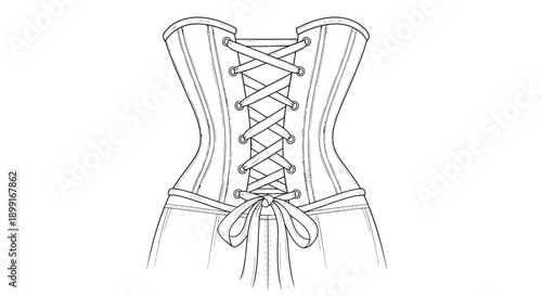 Vintage corset illustration with lacing detail and ribbon bow viewed from the front