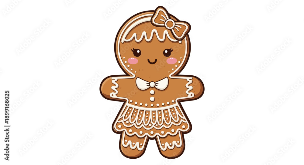 Obraz premium A cartoon gingerbread girl with icing decoration standing against a plain white background viewed from the front