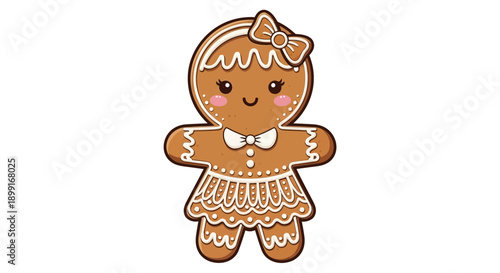 A cartoon gingerbread girl with icing decoration standing against a plain white background viewed from the front