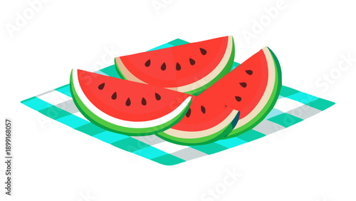 Three watermelon slices on a checkered napkin