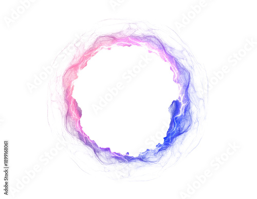 Abstract neon energy ring with glowing blue and pink smoke texture isolated on white background, realistic magic portal swirl for gaming assets, ethereal light effect, and futuristic frame mockup