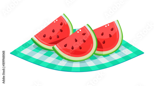 Three slices of watermelon on a checkered napkin