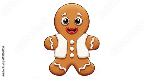 A cheerful gingerbread man illustration with icing details and a friendly expression, viewed from the front.
