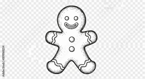 A hand-drawn, black and white illustration of a gingerbread man smiling.