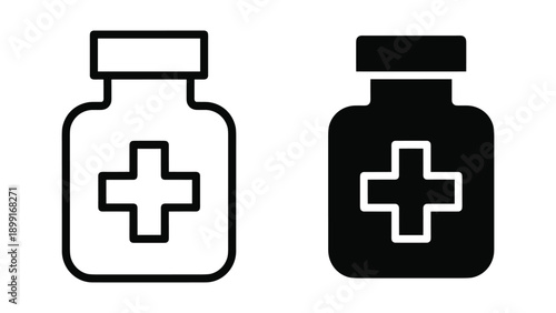 Medical bottle icon set with cross symbol