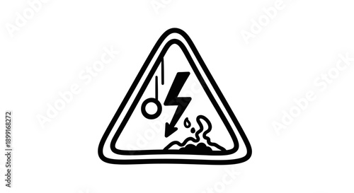 A black and white warning sign depicting electrical hazard with water droplets and a hanging object.