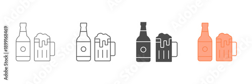 Set of minimalist beer bottle and mug icons with transparent background, depicting alcoholic beverages for bars, pubs, holidays, and celebrations, vector illustration