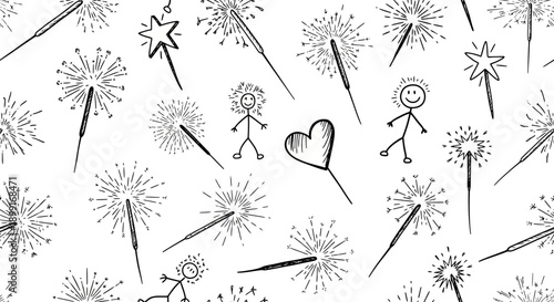 Celebration Event, Joyful Stick Figures, Festive Background, Illustration, Playful Atmosphere, Top-Down View, Happiness Concept