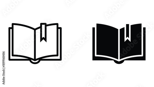 Simple black and white book icon set with bookmark
