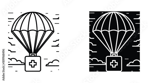 Medical parachute kit descending through cloudy sky