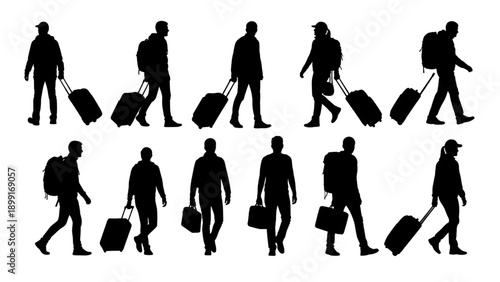 Passenger and Tourist Walking Silhouette Vector Set – Travel People Illustration Design
