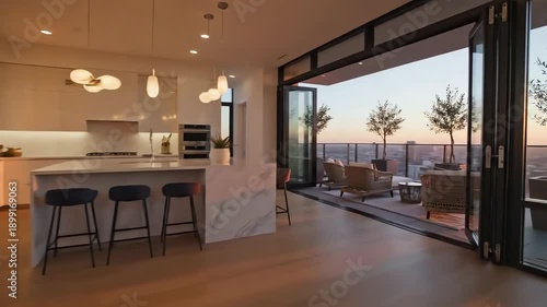 Wallpaper Mural Modern Open Concept Apartment Living Room, Kitchen, Dining Area and Balcony. 4k resolution video 30fps. Torontodigital.ca