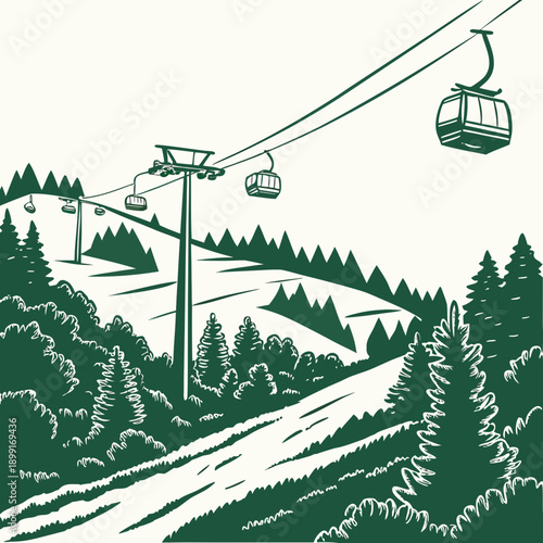 A ski resort with a chairlift and trees on a hillside Vector