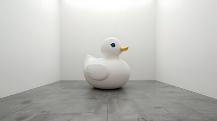 Oversized rubber duck placed in a clean minimal room, modern poster style, subtle surreal scale contrast, front view photograph