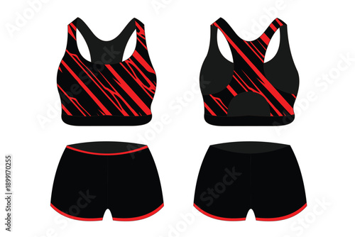 Athletic sports bra and shorts set with black and red striped design for active wear enthusiasts