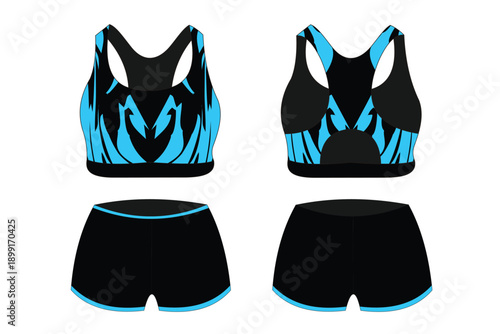 Stylish Athletic Sports Bra and Shorts Set with Elegant Blue and Black Design