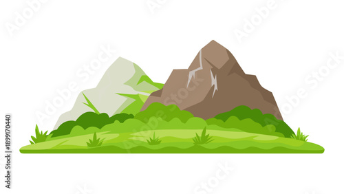 A green mountain with a rocky peak and clouds in the sky Vector