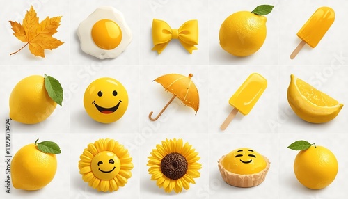 A vibrant collection of yellow objects arranged on a clean white background