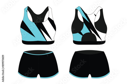 Stylish Athletic Bra and Shorts Set with Abstract Geometric Design in Blue and Black